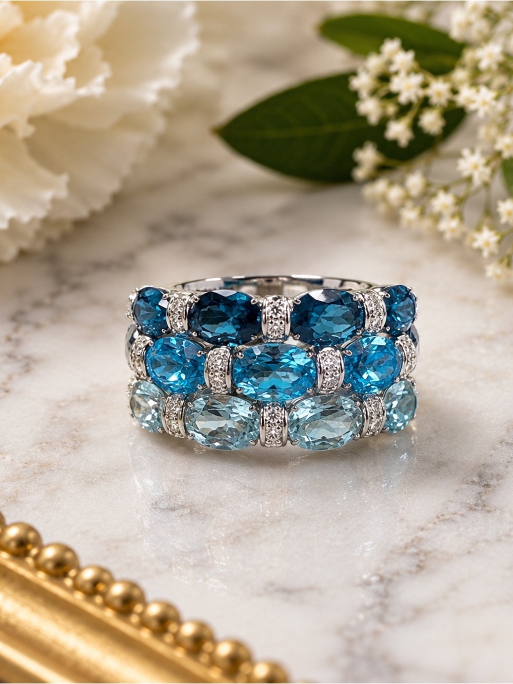 Sterling Silver Multi-Shade Blue Topaz 3-Row Statement Ring